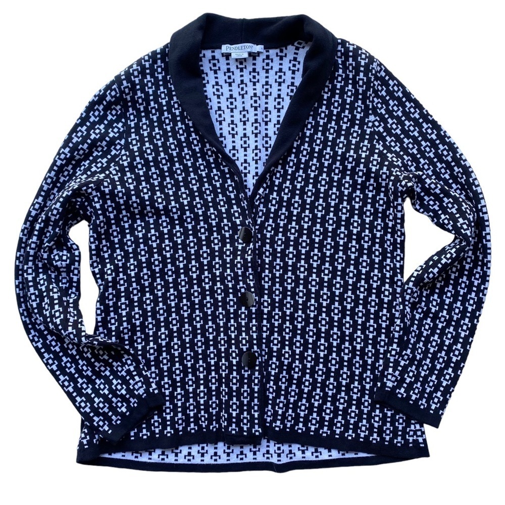 Pendleton Cardigan Sweater Womens Size Large Black White Geometric Cotton